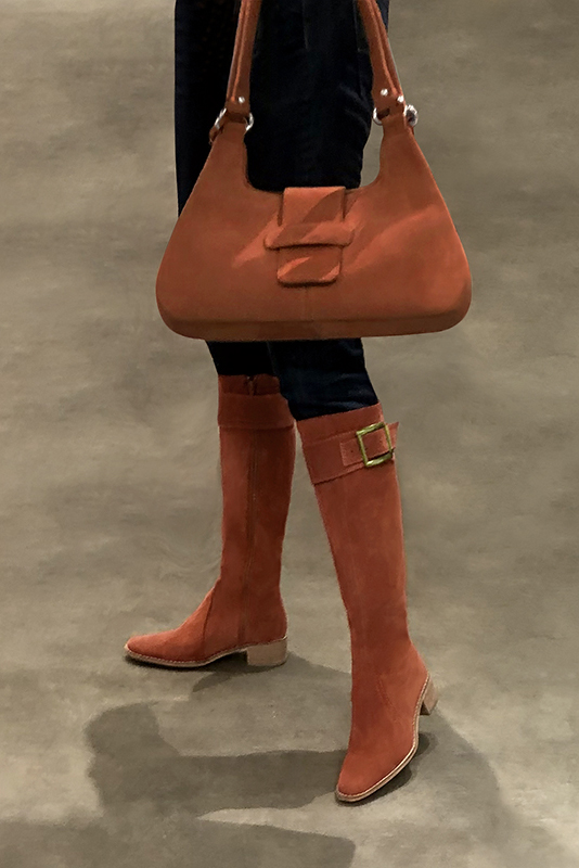 Terracotta orange women's calf bracelets, to wear over boots. Worn view - Florence KOOIJMAN